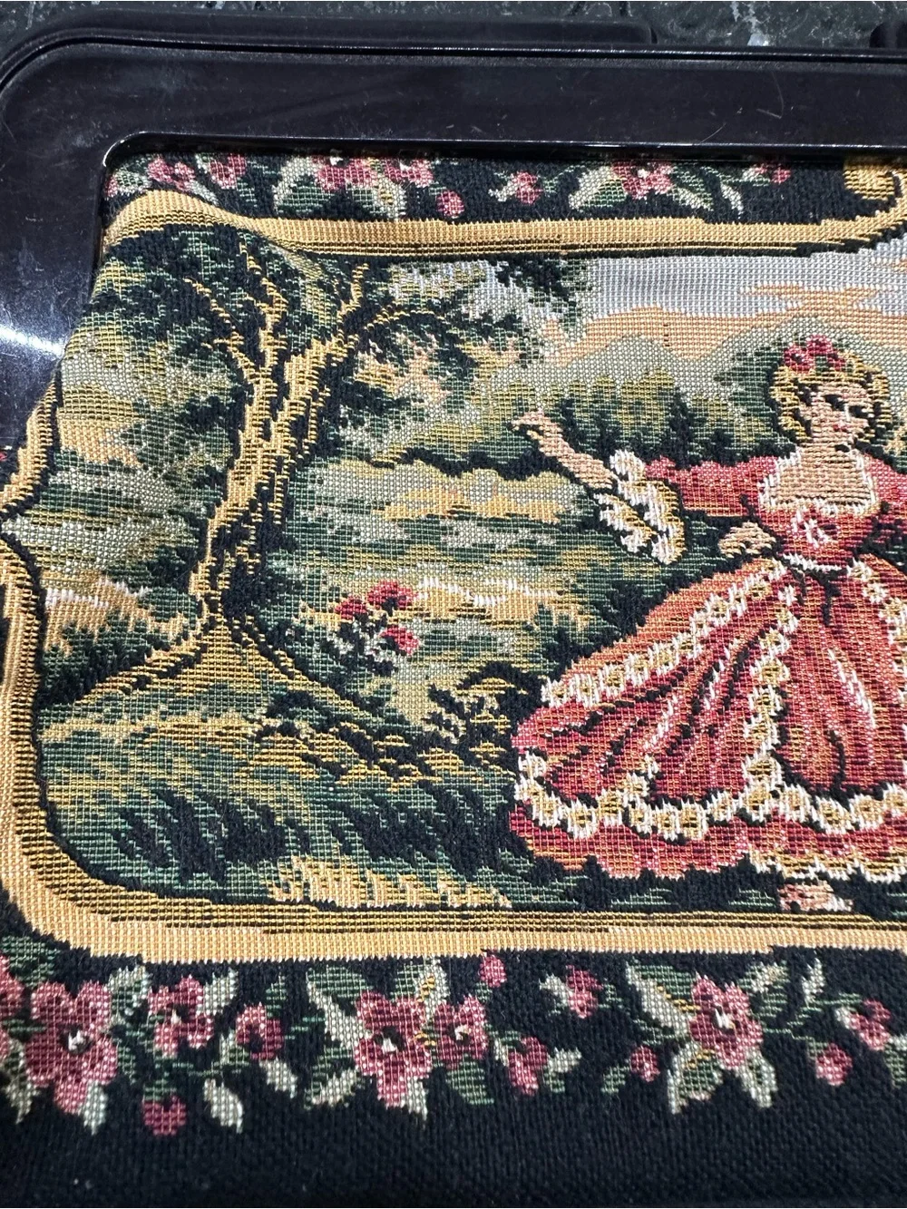 Tapestry Evening Clutch Bag in Black with Floral Scene